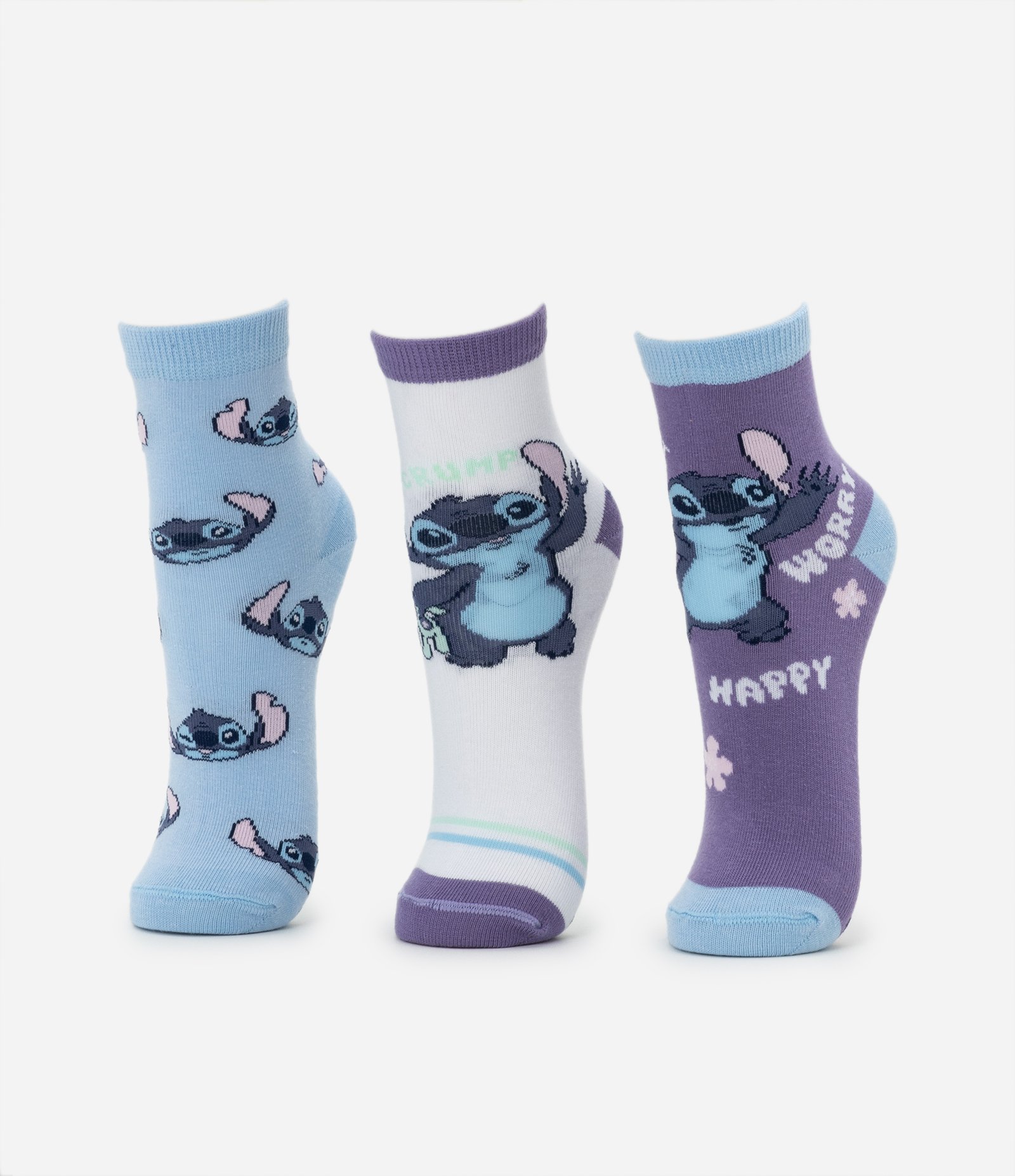 Kit 03 Meias Infantis Cano Médio com Estampa do Stitch - Tam 23 ao 38 Azul/Branco/Roxo 1