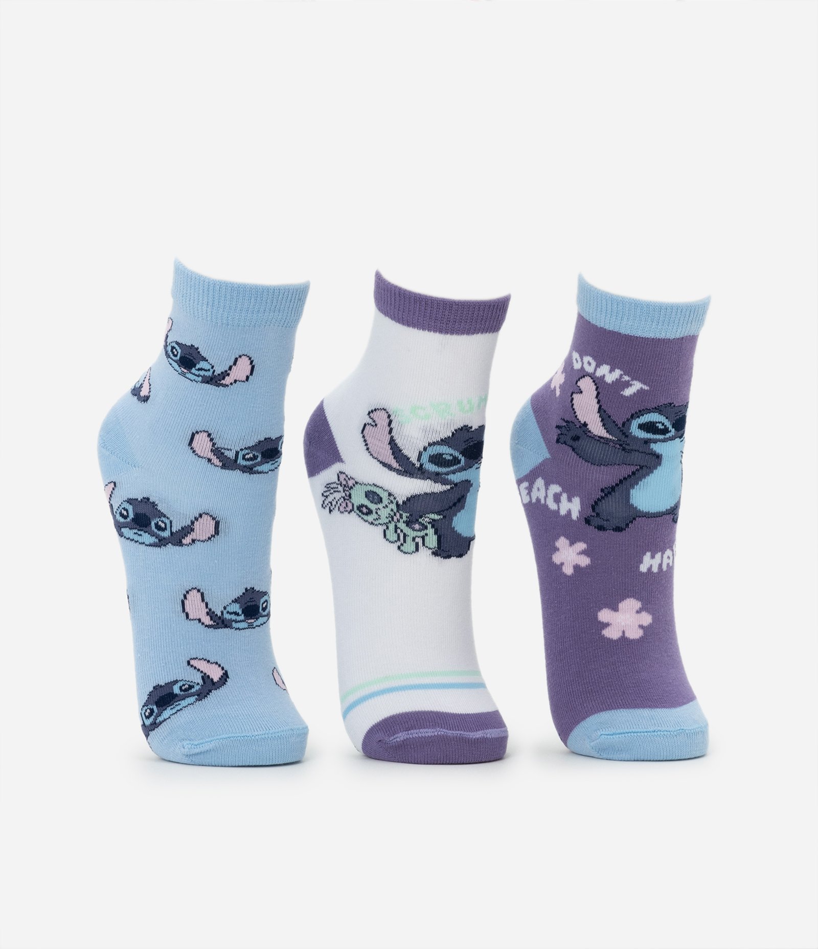 Kit 03 Meias Infantis Cano Médio com Estampa do Stitch - Tam 23 ao 38 Azul/Branco/Roxo 2