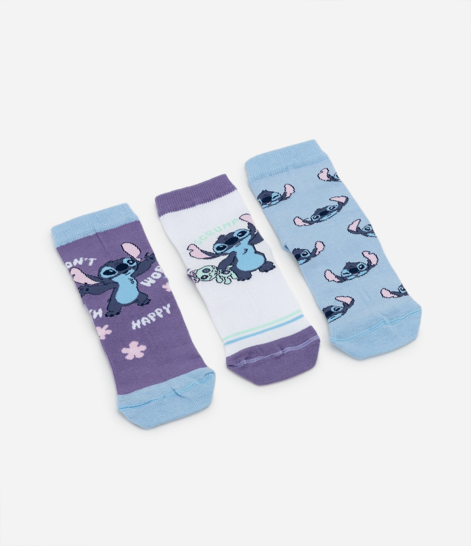 Kit 03 Meias Infantis Cano Médio com Estampa do Stitch - Tam 23 ao 38 Azul/Branco/Roxo 4