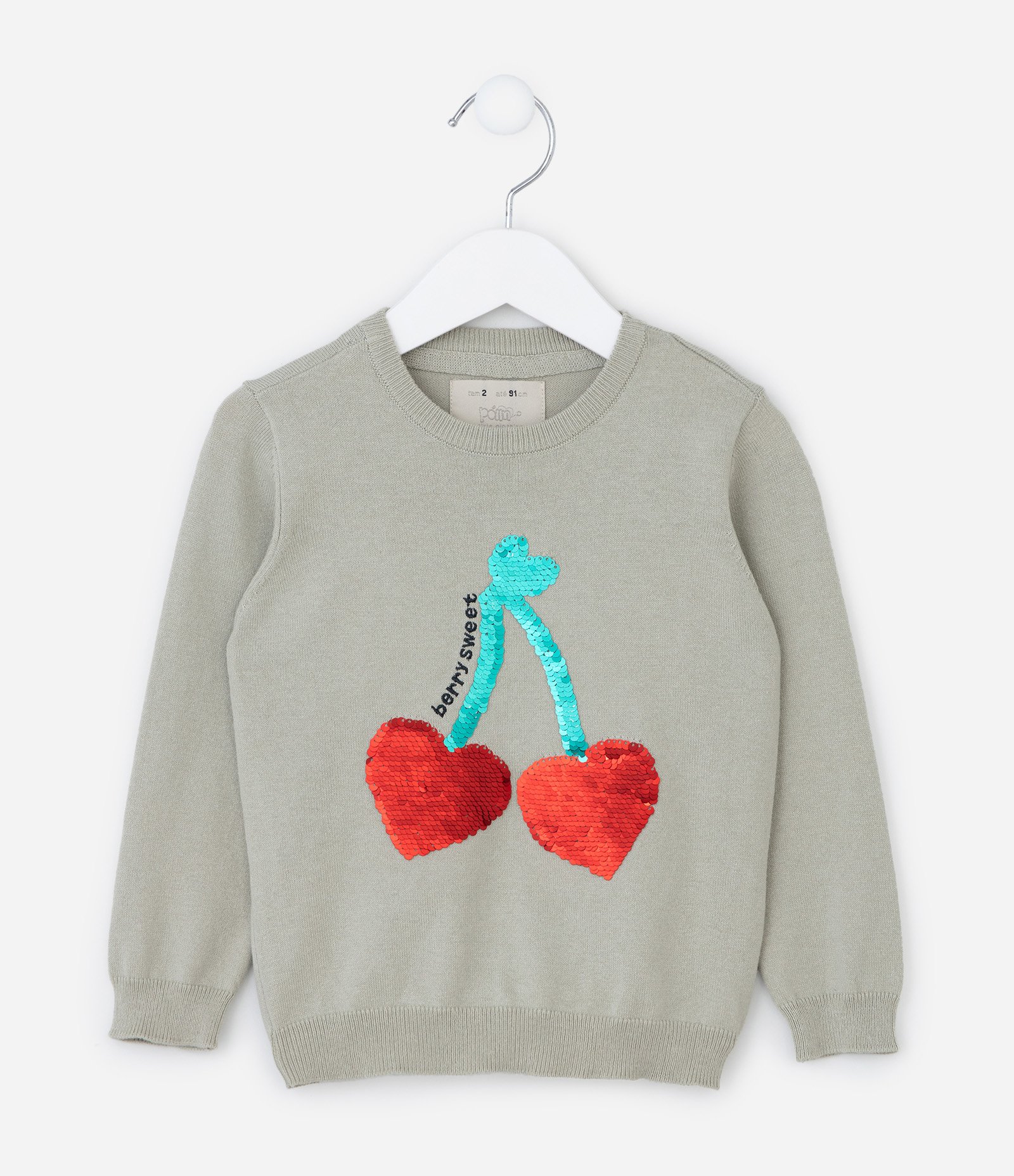 Suéter Infantil com Bordado Cerejas em Paetê - Tam 1 a 5 Anos Cinza 1