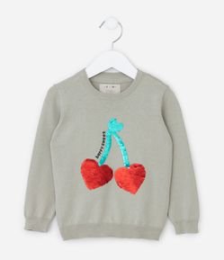Suéter Infantil com Bordado Cerejas em Paetê - Tam 1 a 5 Anos