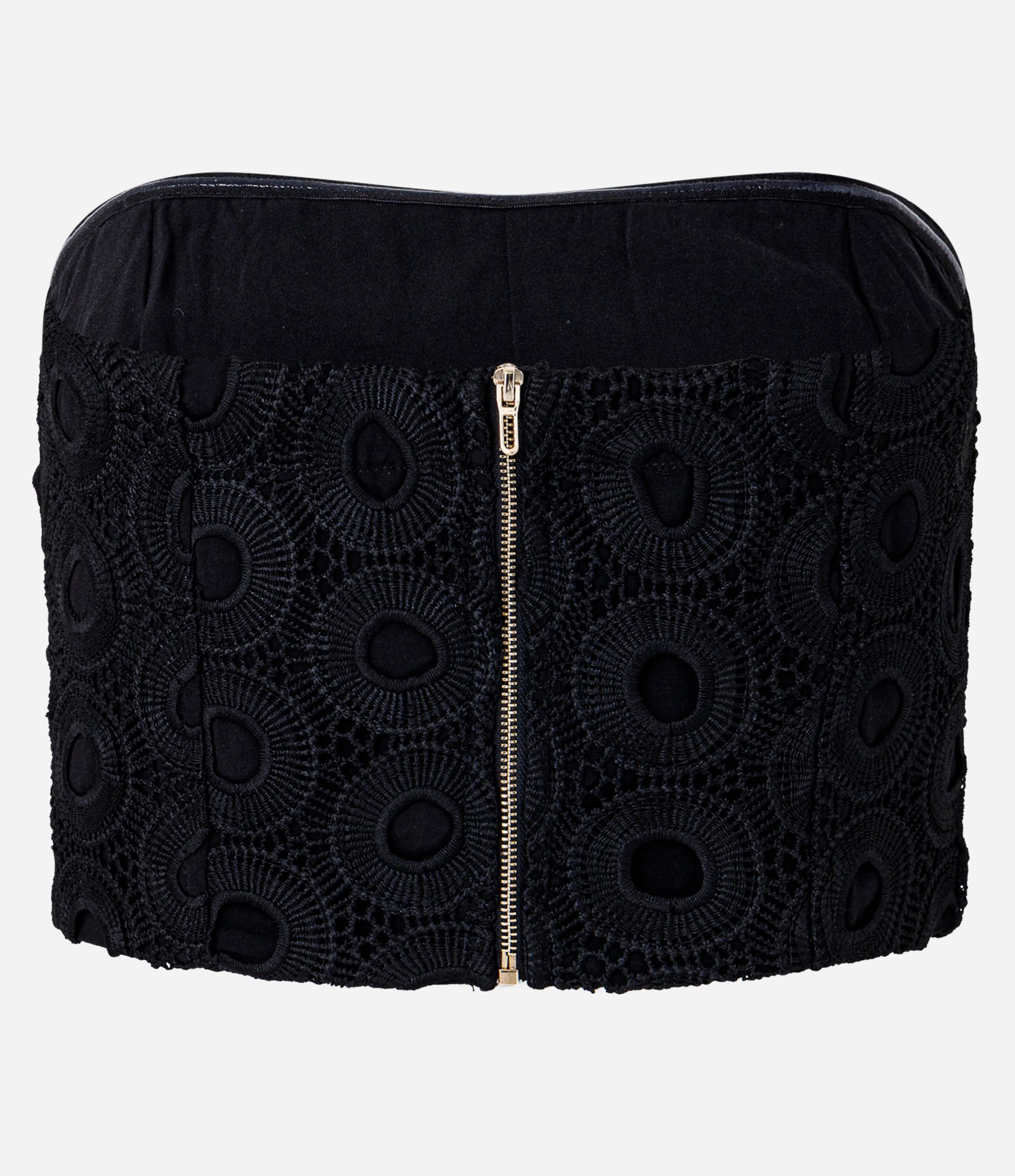 Blusa Cropped em Guipure Tomara que Caia com Textura Preto 5