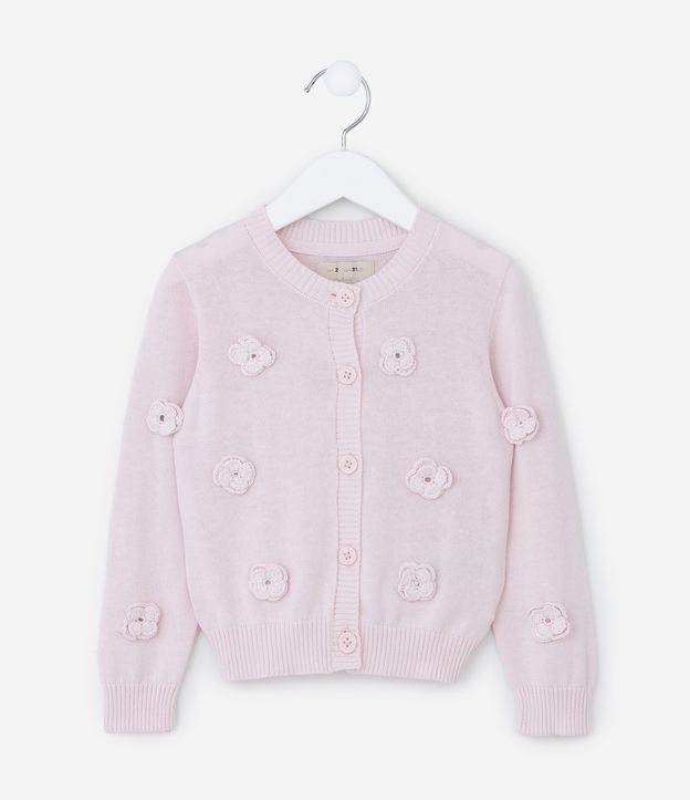 Cardigan Infantil em Tricô com Flores Aplicadas - Tam 1 a 5 Anos