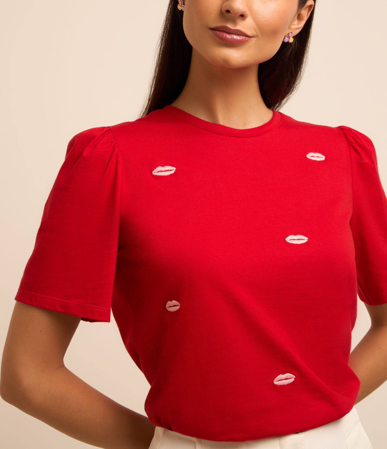 Blusa em Algodão com Manga Bufante e Bordado Boquinhas Vermelho 1