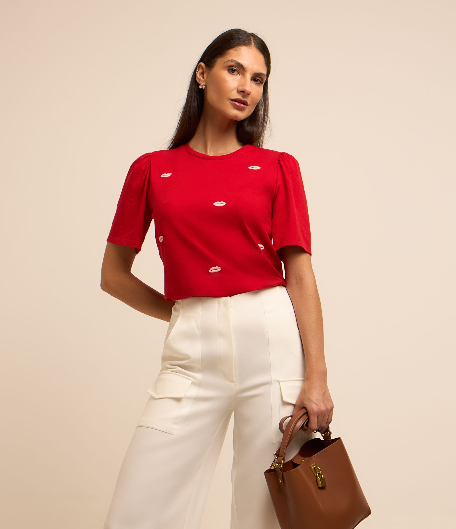 Blusa em Algodão com Manga Bufante e Bordado Boquinhas Vermelho 2