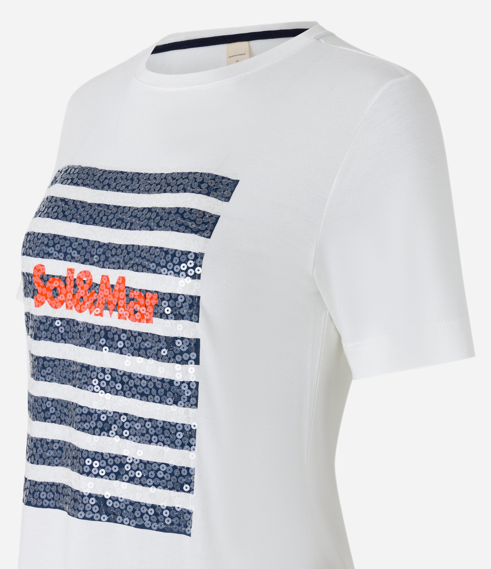 Camiseta em Algodão com Estampa Listras Mar e Sol Paetê Branco 6