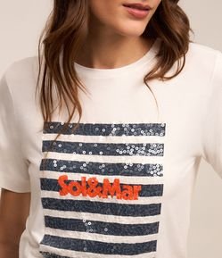 Camiseta em Algodão com Estampa Listras Mar e Sol Paetê