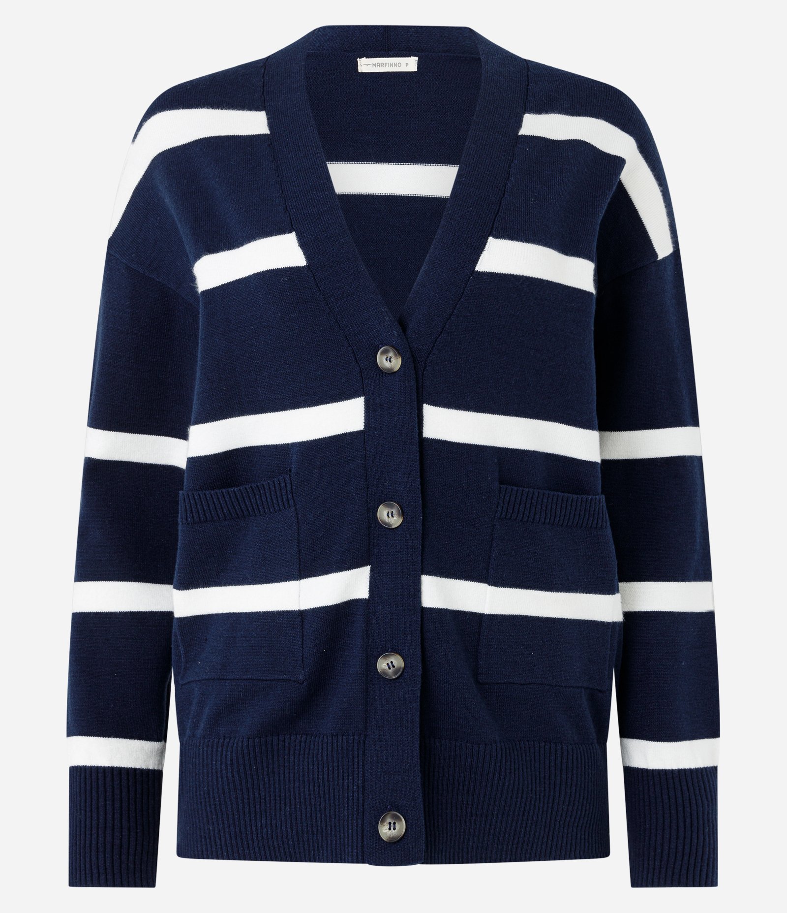 Cardigan em Tricô com Abotoamento Frontal e Estampa Listras Azul/Branco 6