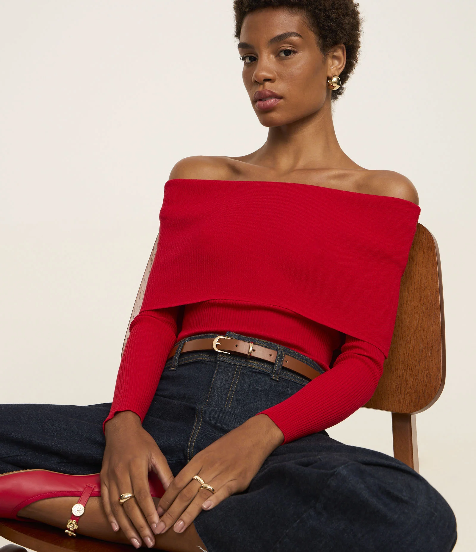 Blusa Ombro a Ombro em Tricô Canelado com Decote Virado Vermelho 1