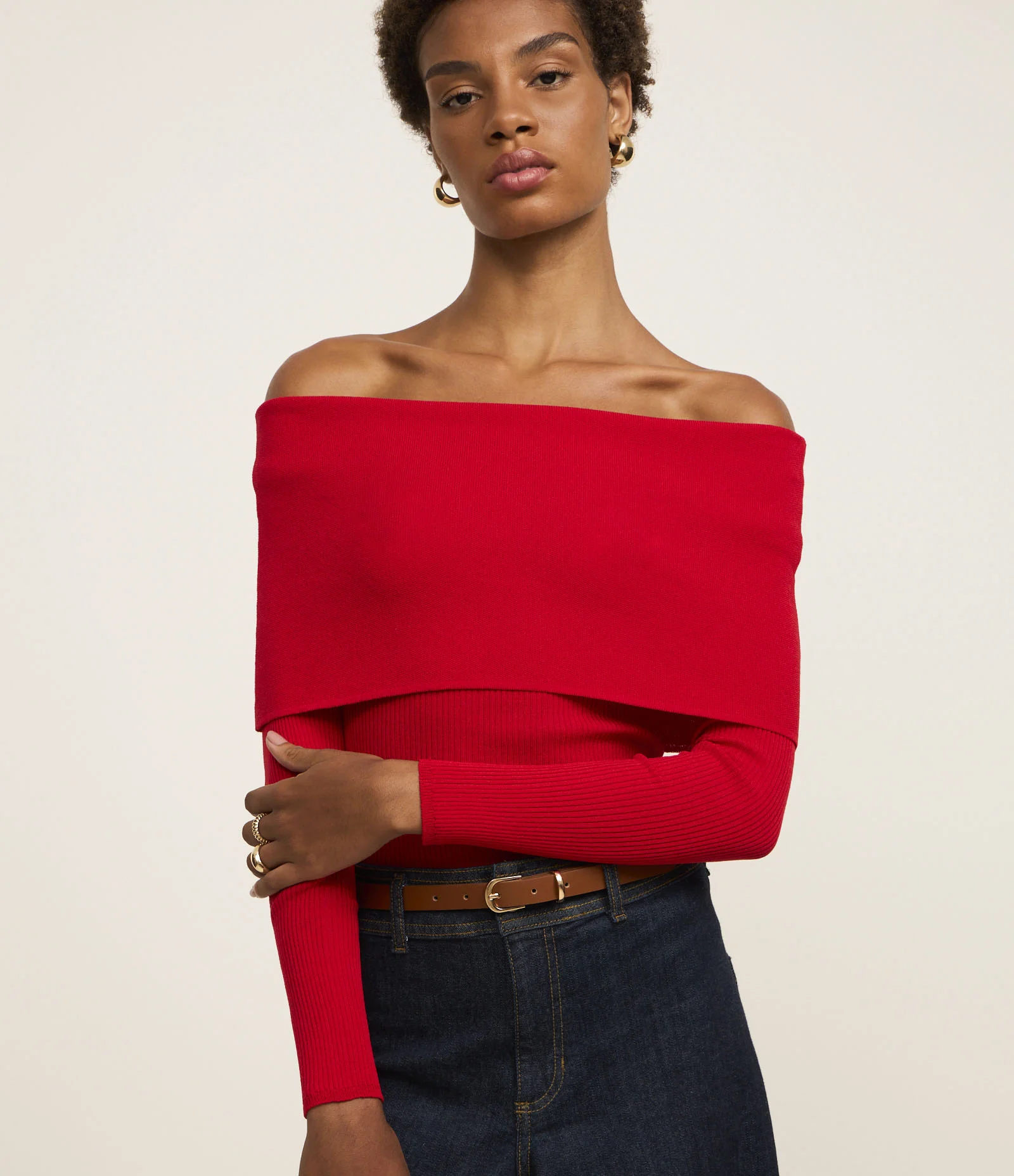 Blusa Ombro a Ombro em Tricô Canelado com Decote Virado Vermelho 2