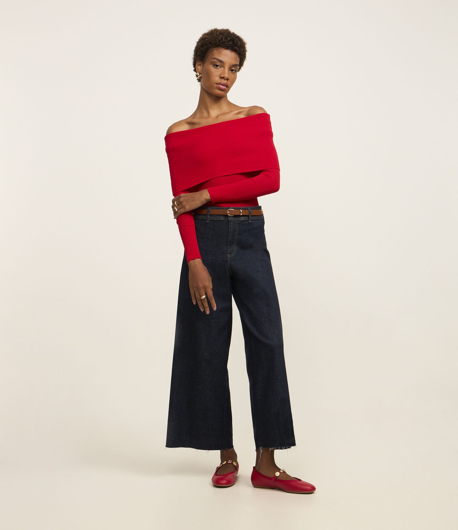 Blusa Ombro a Ombro em Tricô Canelado com Decote Virado Vermelho 3