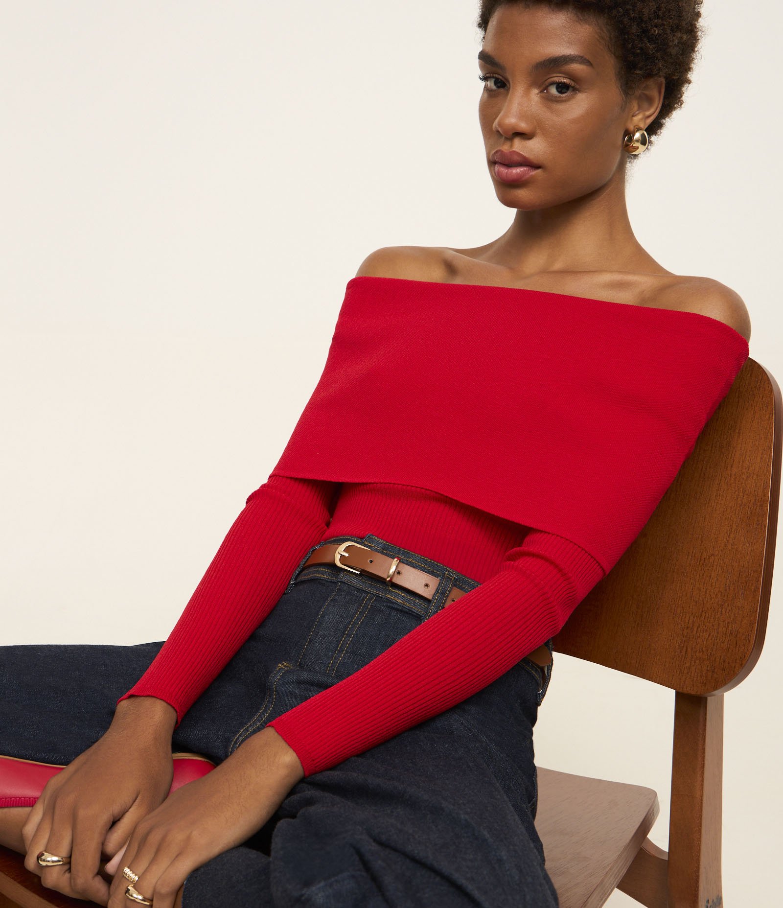 Blusa Ombro a Ombro em Tricô Canelado com Decote Virado Vermelho 6