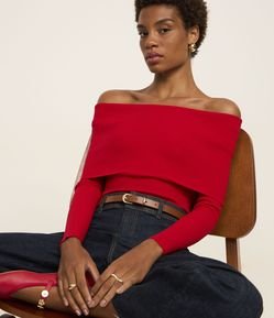 Blusa Ombro a Ombro em Tricô Canelado com Decote Virado