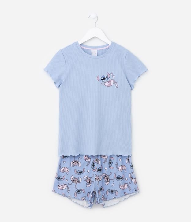 Pijama Curto em Ribana Estampa Stitch e Angel - Tam 5 a 14 anos