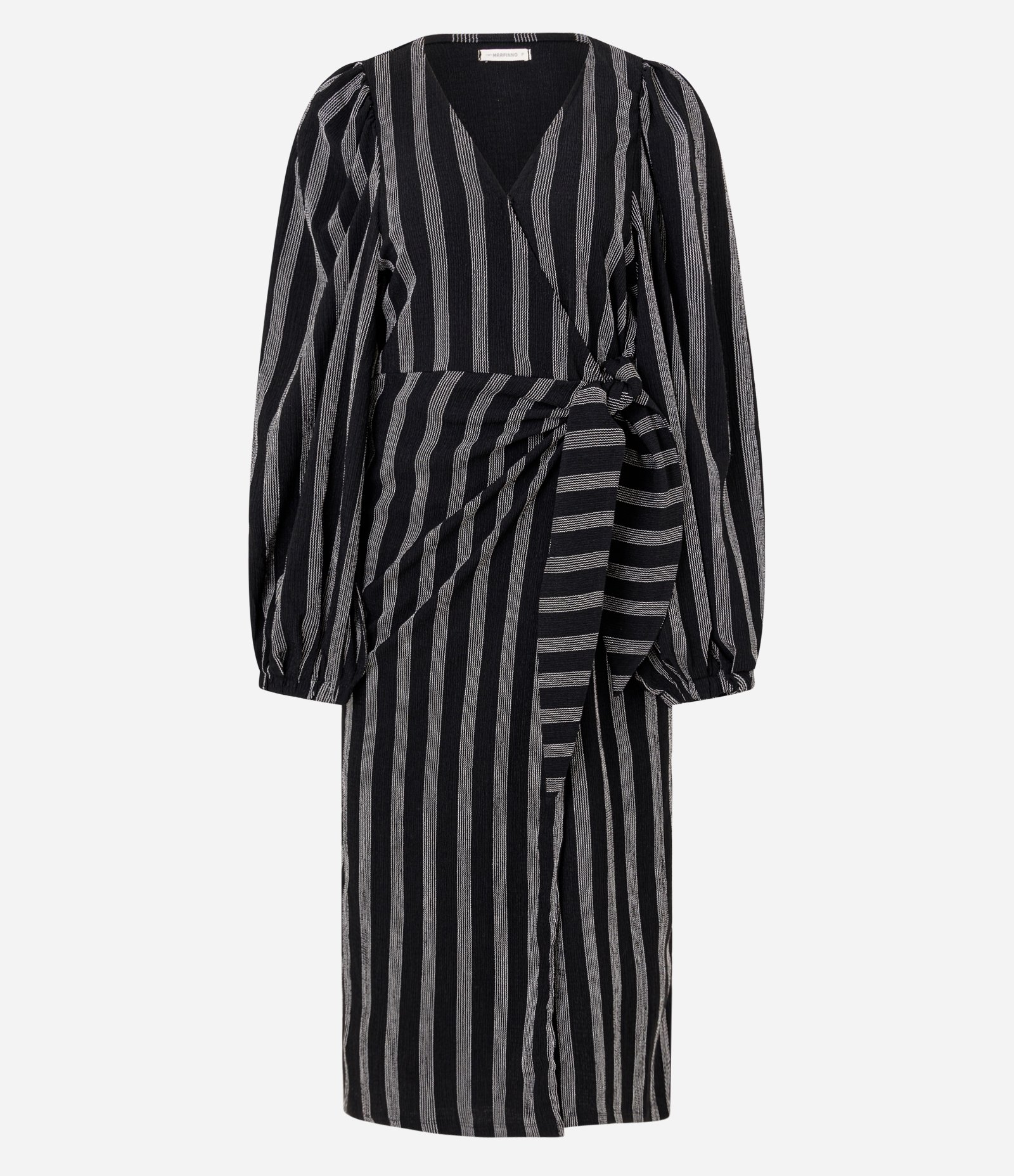 Vestido Midi com Manga Bufante Estampa Listrada e Amarração na Cintura Preto 5
