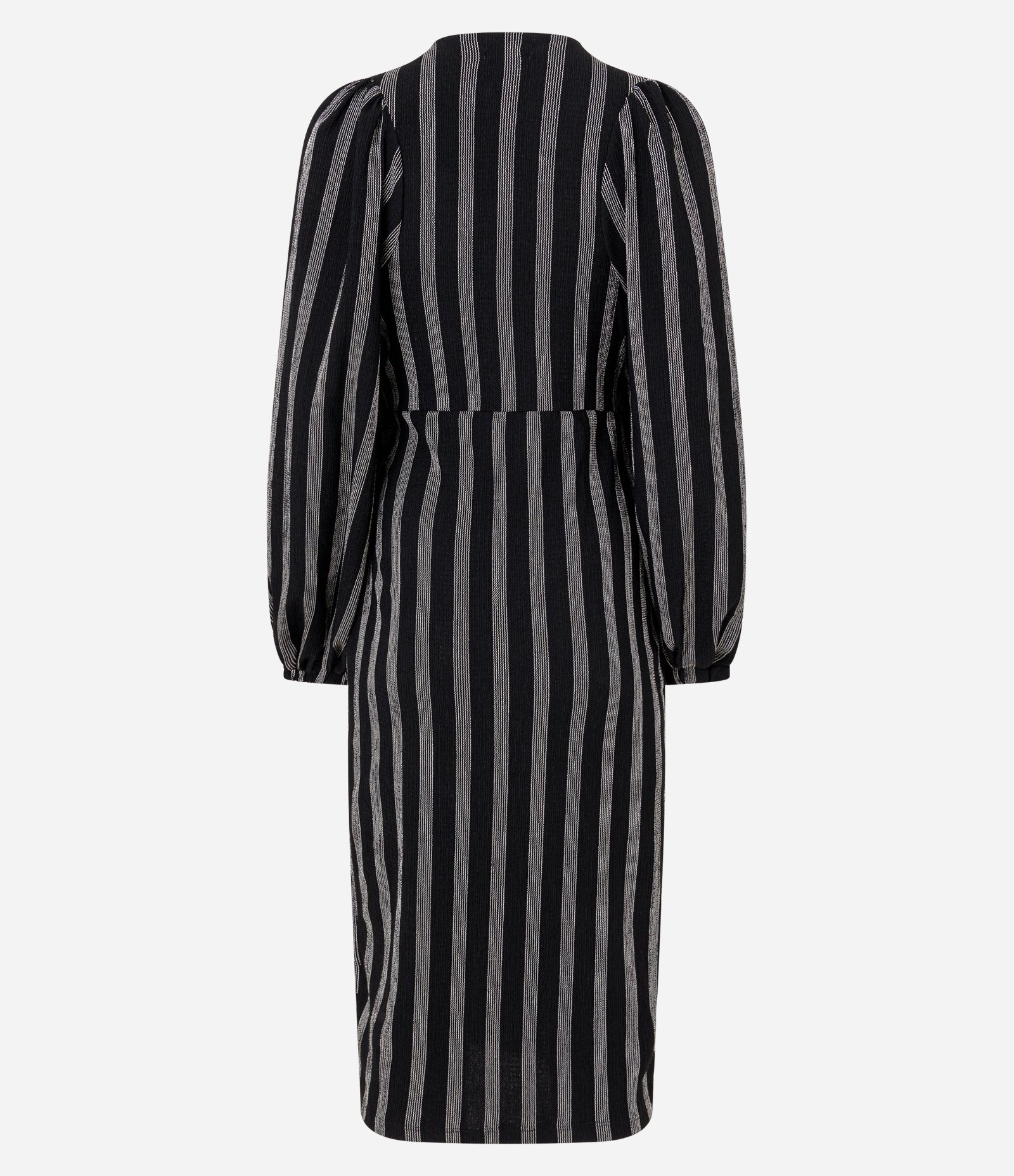 Vestido Midi com Manga Bufante Estampa Listrada e Amarração na Cintura Preto 7
