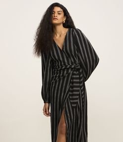 Vestido Midi com Manga Bufante Estampa Listrada e Amarração na Cintura