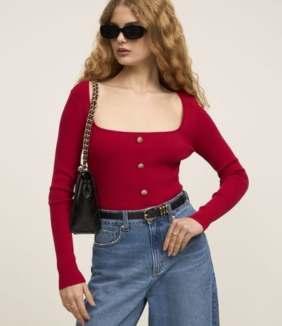 Blusa Cropped em Tricô com Botões
