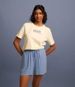 Short em Viscose e Linho com Listras e Cós com Amarração