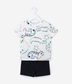 Conjunto Infantil com Estampa de Bichinhos Rabiscados - Tam 1 a 5 Anos