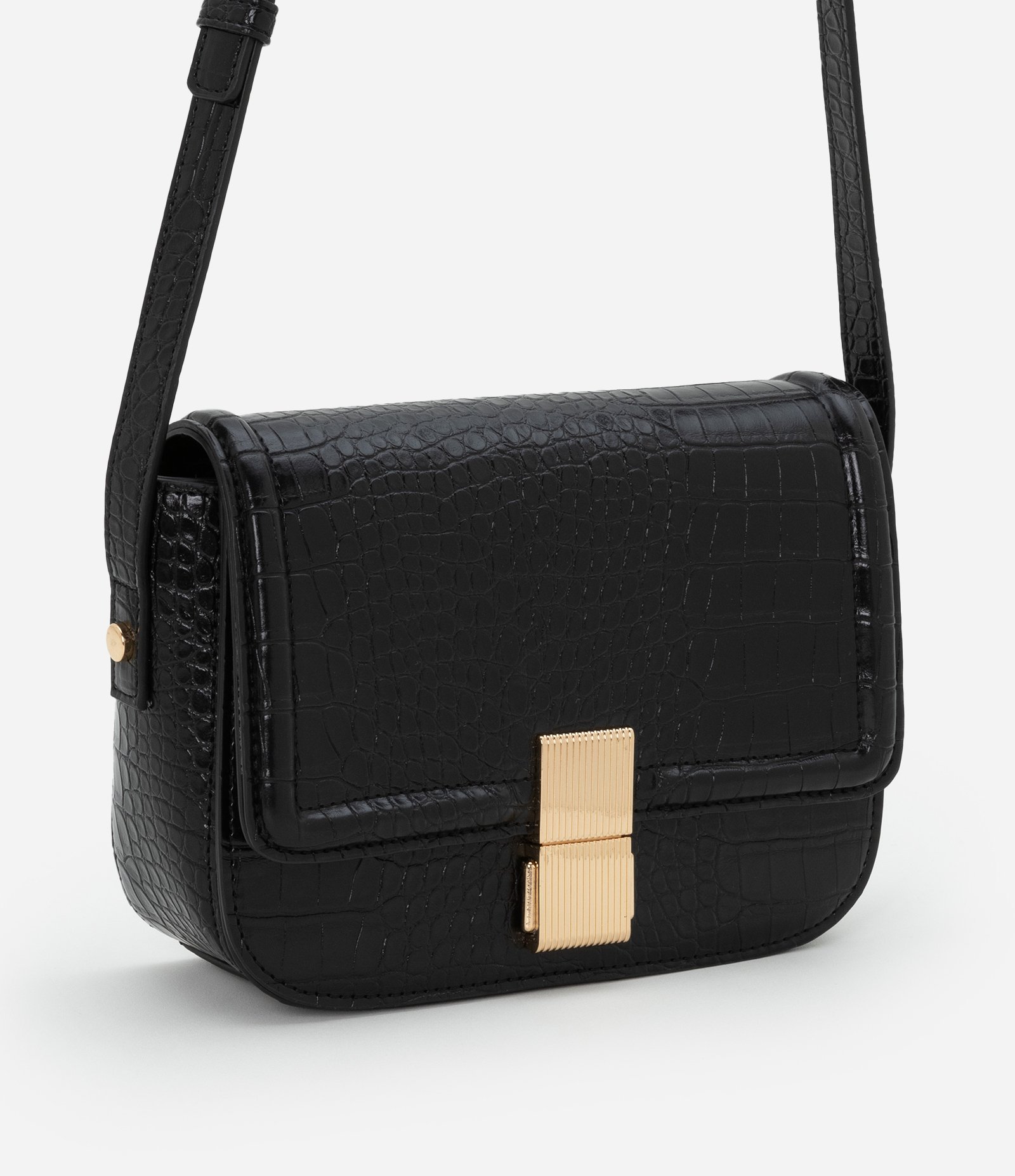 Bolsa Transversal Média em PU com Estampa Croco e Locker Metalizado Preto 2