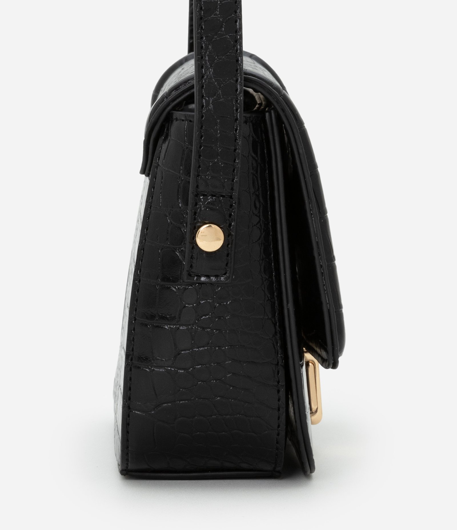 Bolsa Transversal Média em PU com Estampa Croco e Locker Metalizado Preto 4