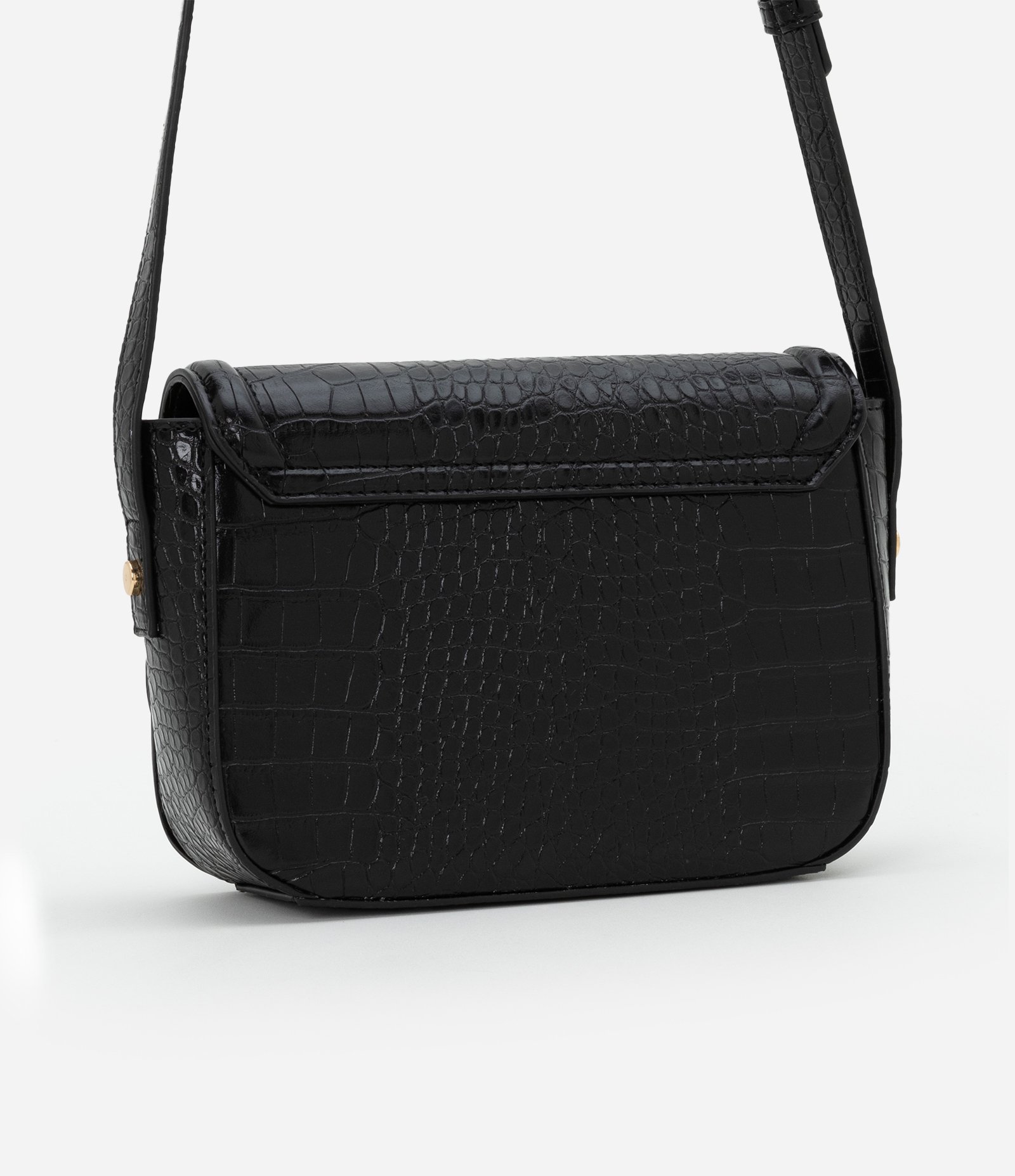 Bolsa Transversal Média em PU com Estampa Croco e Locker Metalizado Preto 5