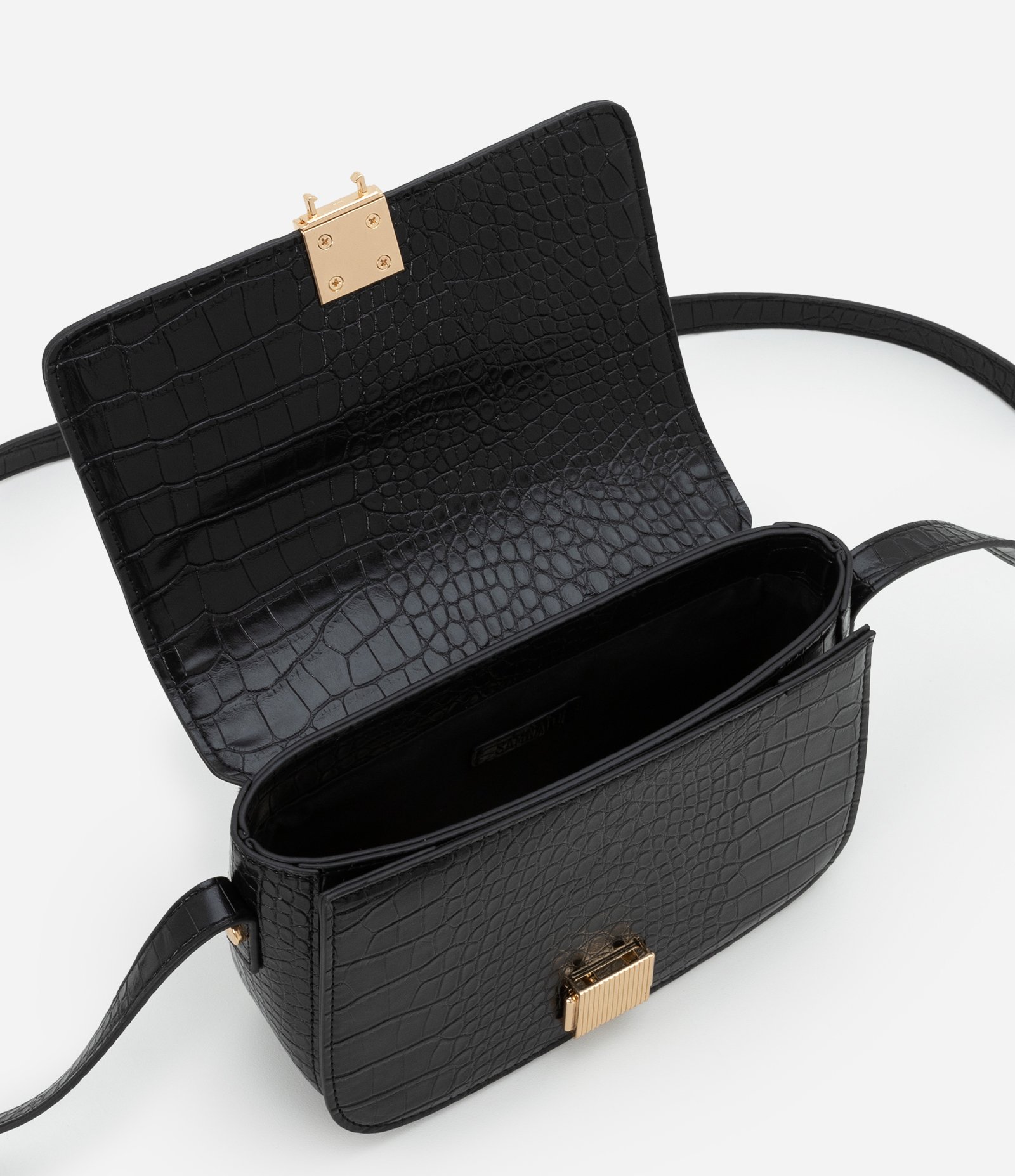 Bolsa Transversal Média em PU com Estampa Croco e Locker Metalizado Preto 6