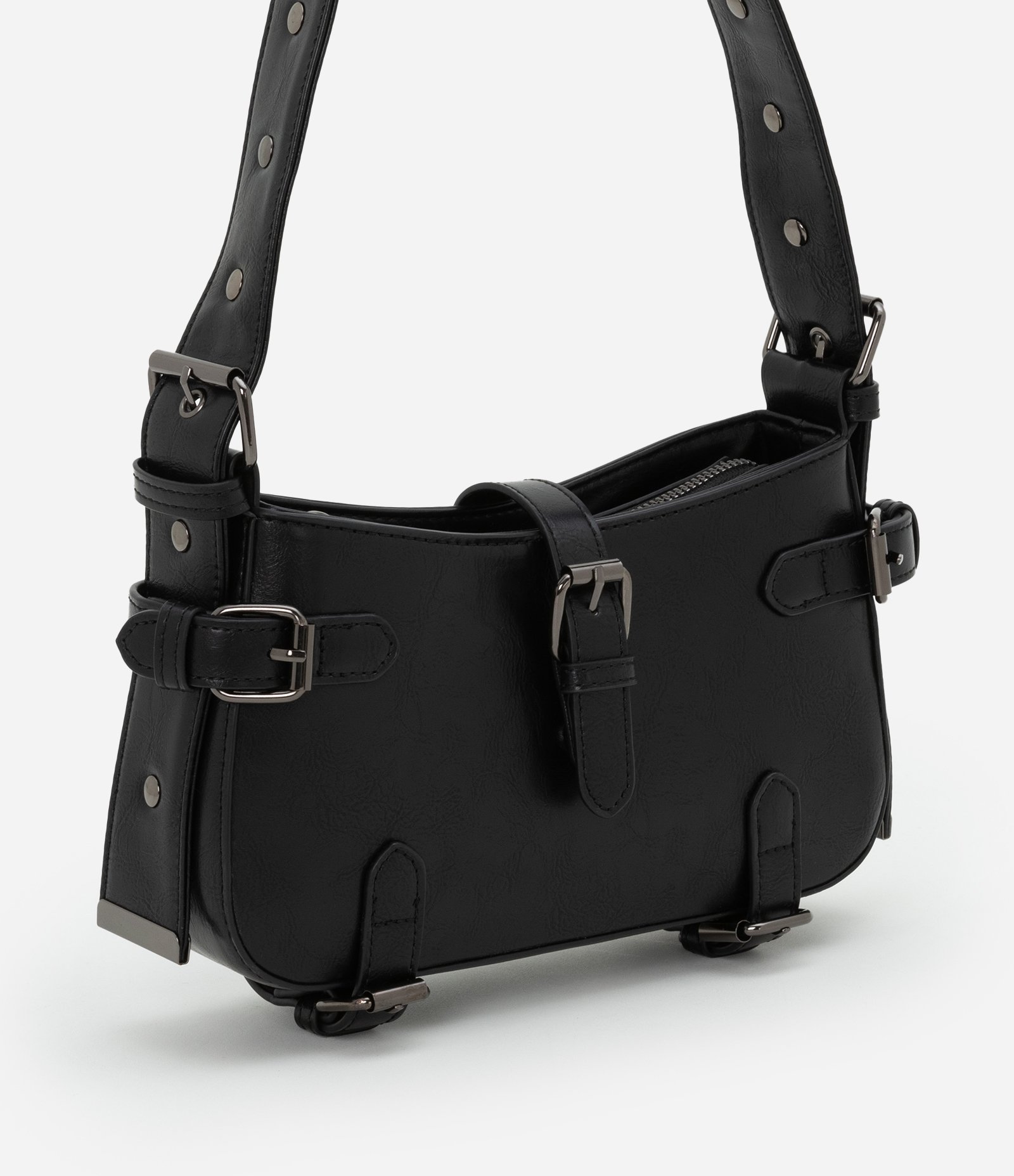 Bolsa Baguete Pequena em PU com Lapelas e Fivelas Preto 2