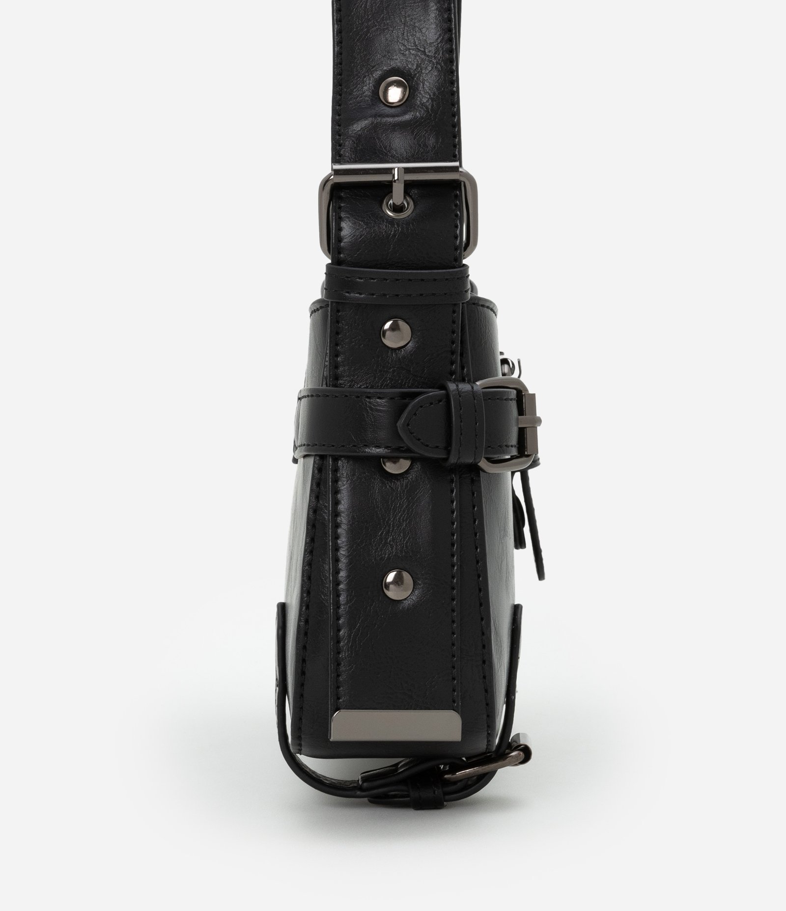 Bolsa Baguete Pequena em PU com Lapelas e Fivelas Preto 3