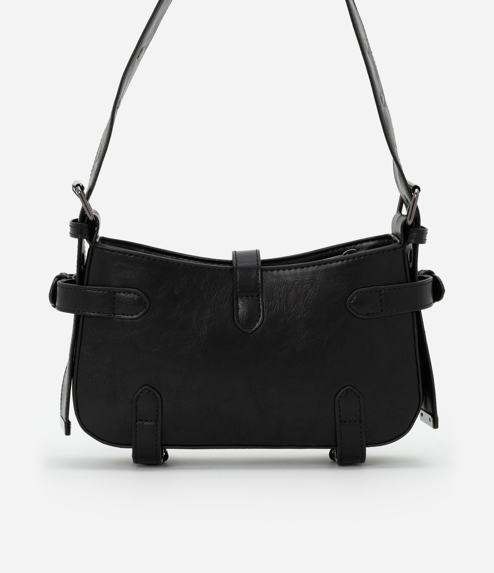 Bolsa Baguete Pequena em PU com Lapelas e Fivelas Preto 4