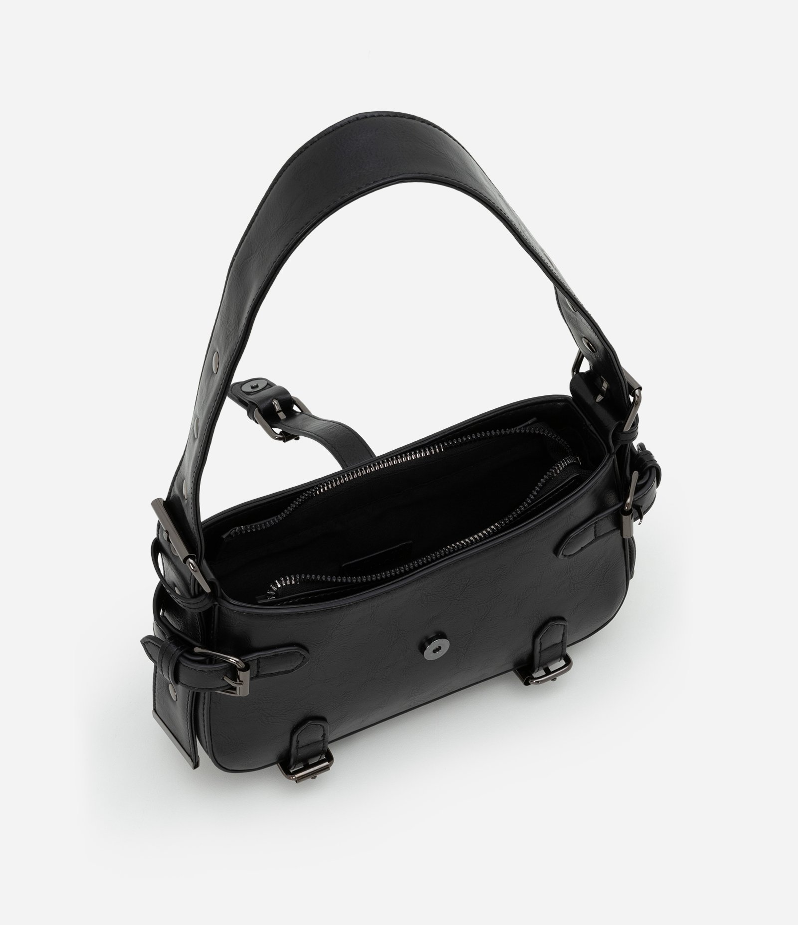 Bolsa Baguete Pequena em PU com Lapelas e Fivelas Preto 5