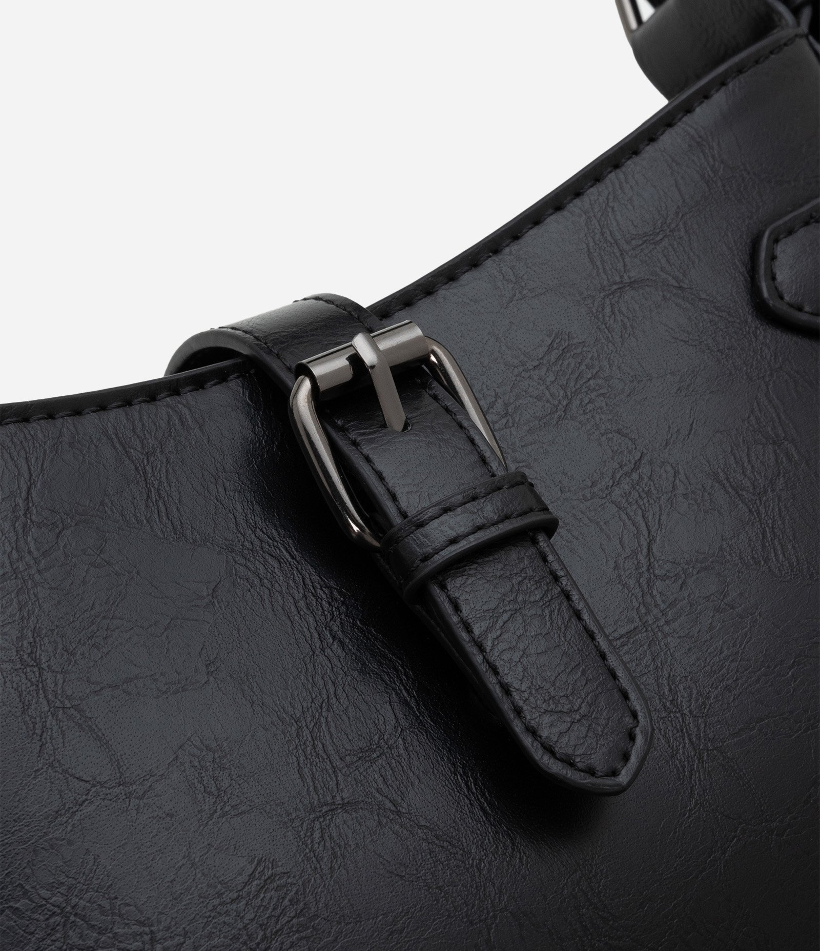 Bolsa Baguete Pequena em PU com Lapelas e Fivelas Preto 6