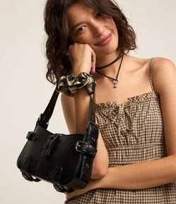 Bolsa Baguete Pequena em PU com Lapelas e Fivelas