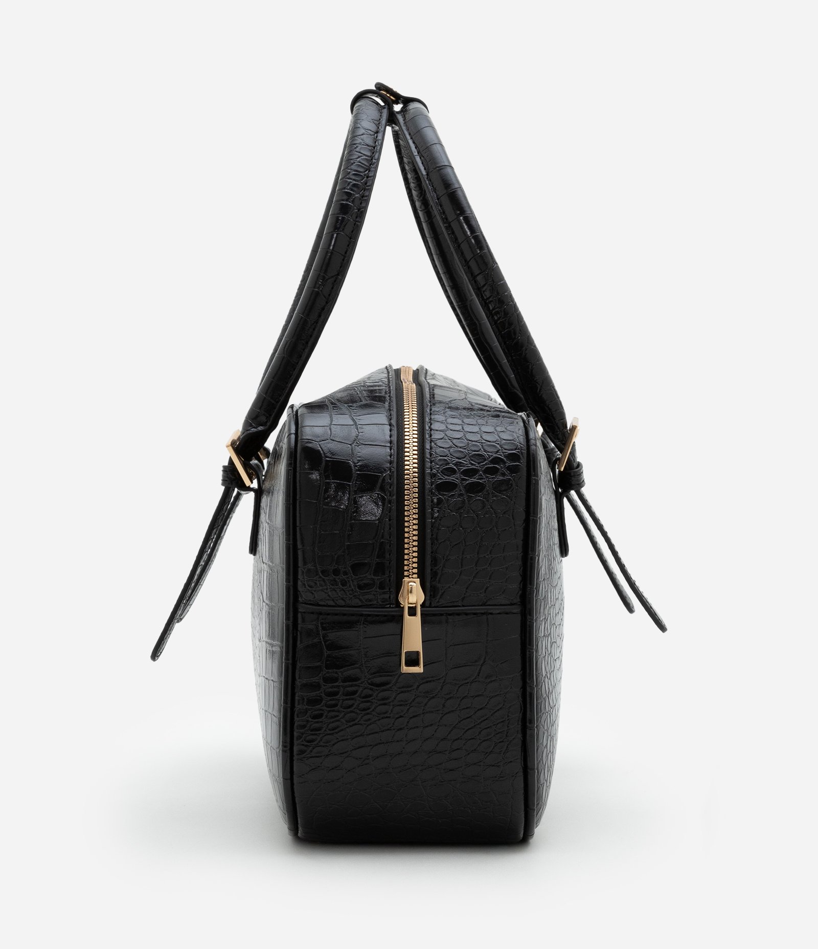 Bolsa Média em PU com Alça de Mão em Croco com Detalhe de Espelinho Preto 7