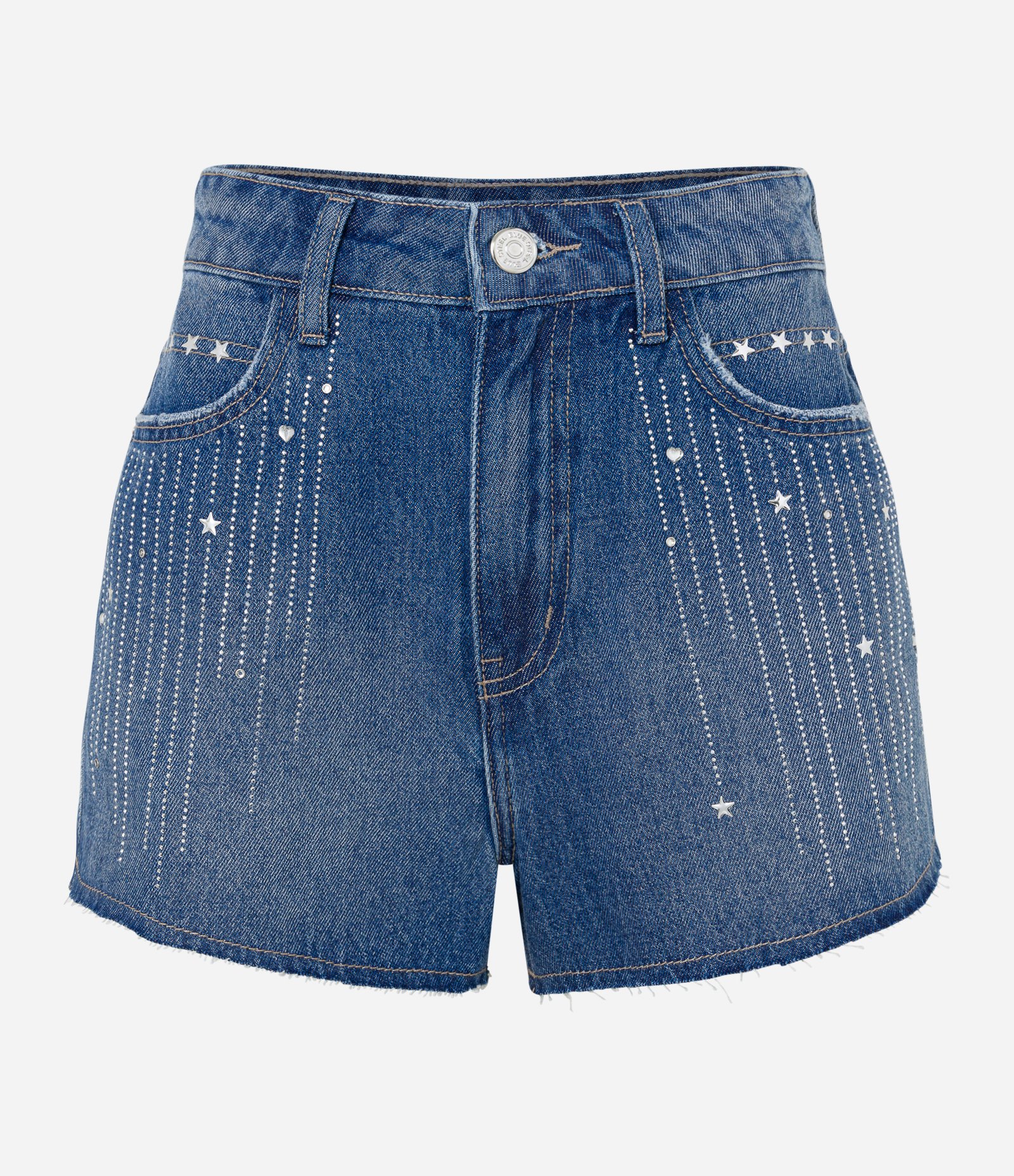 Short Cintura Alta em Jeans Tirinhas de Brilhos e Estrelas Azul 5