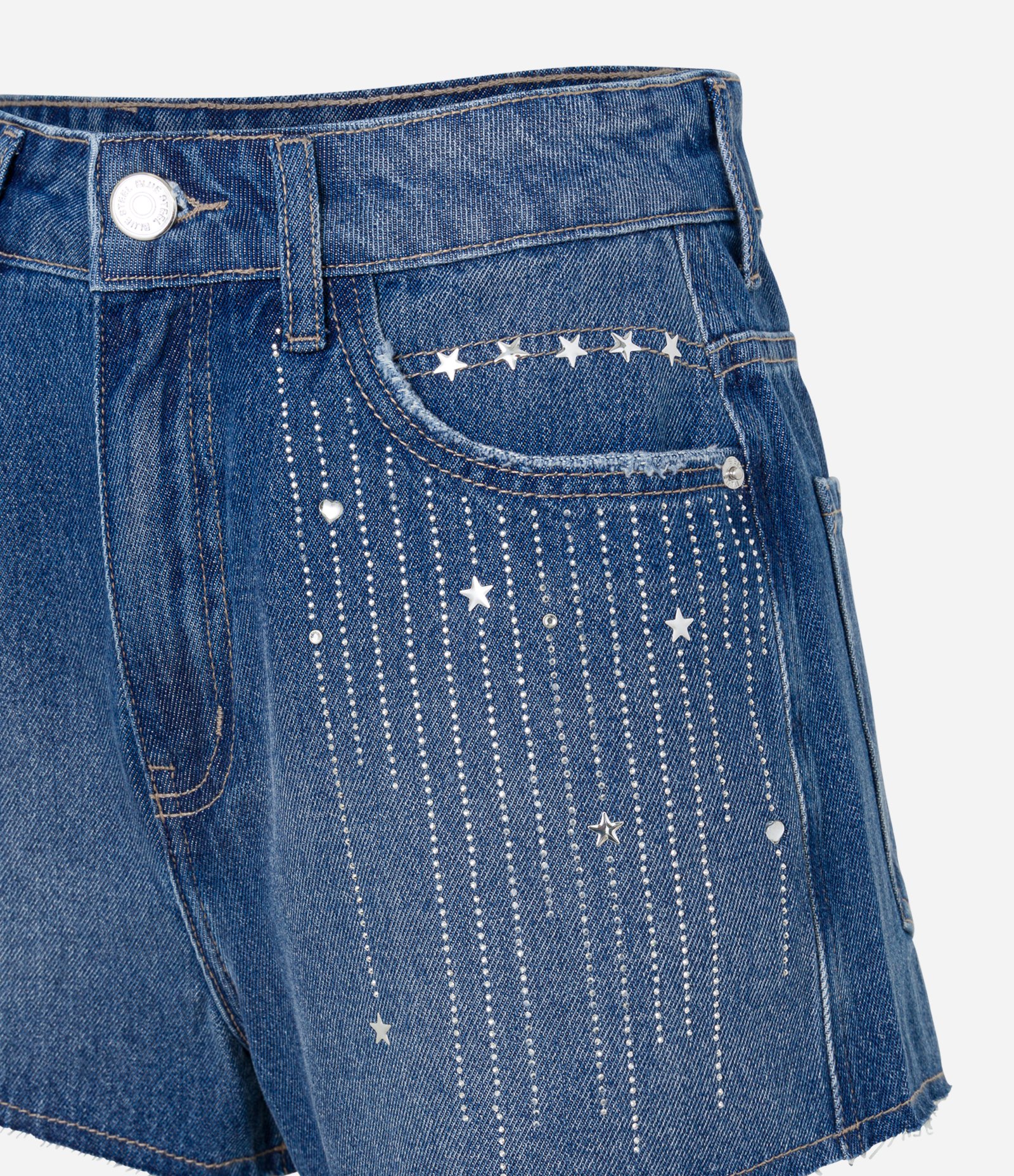 Short Cintura Alta em Jeans Tirinhas de Brilhos e Estrelas Azul 6