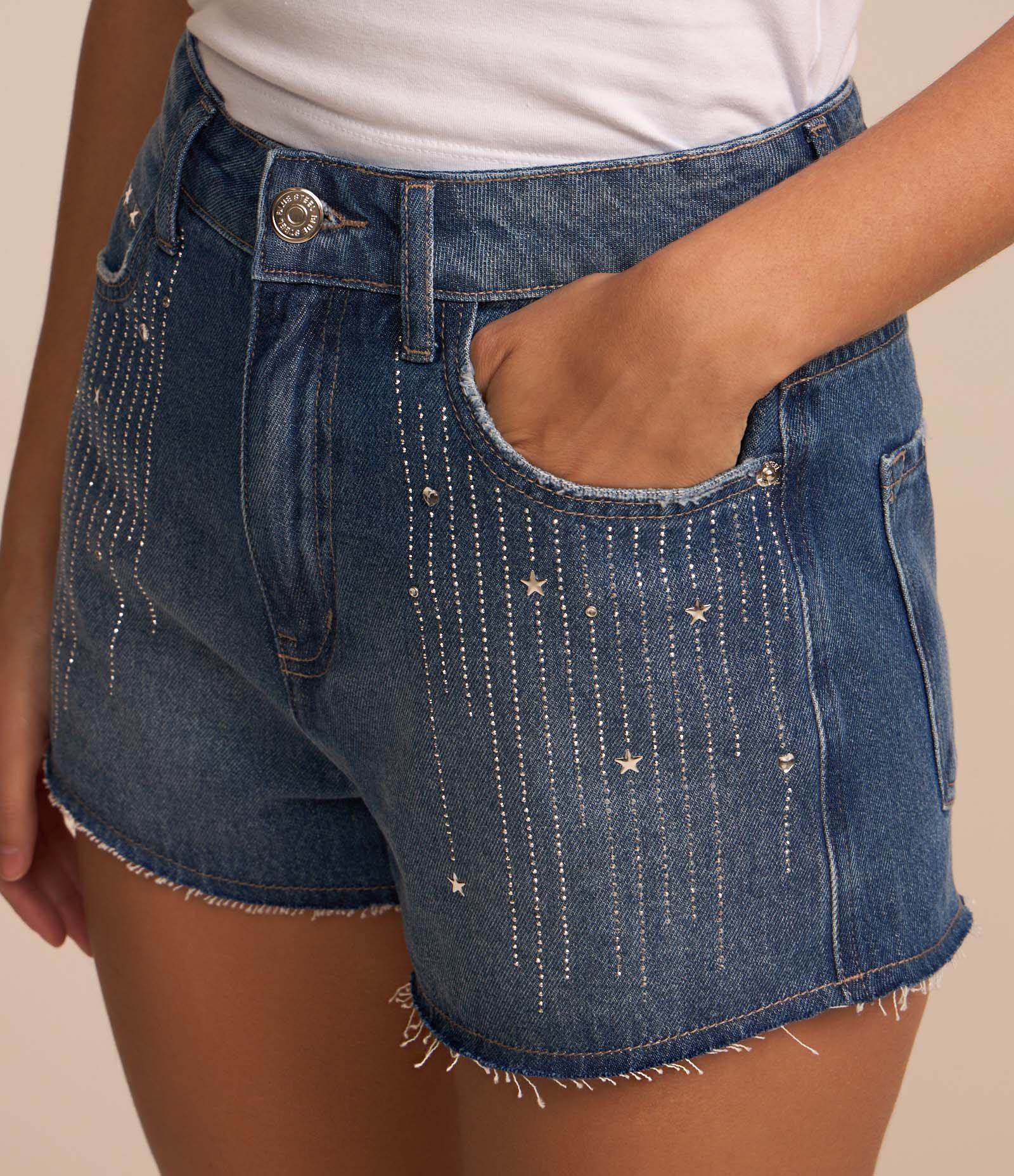 Short Cintura Alta em Jeans Tirinhas de Brilhos e Estrelas Azul 4