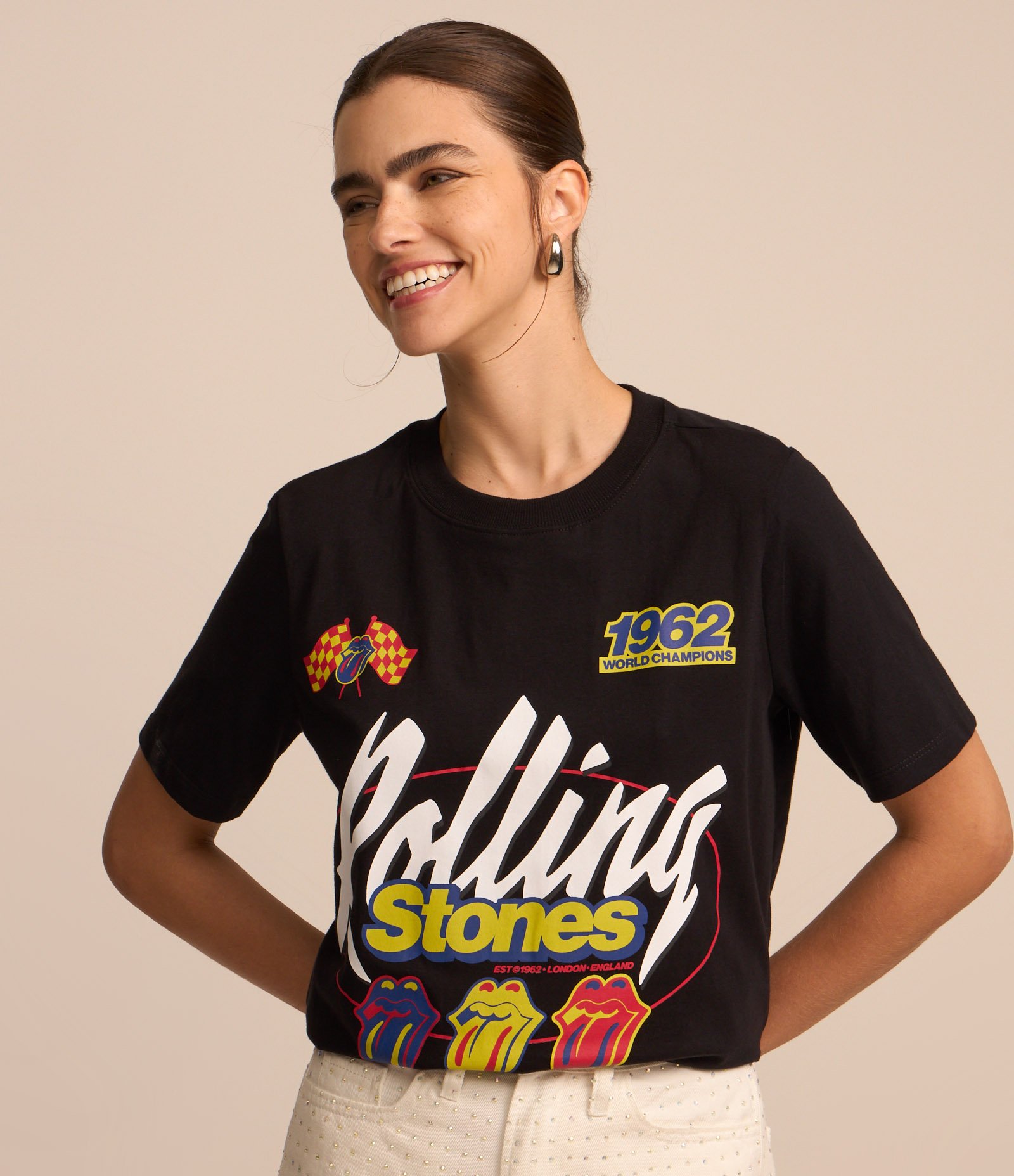 Camiseta Alongada em Algodão com Estampa Rolling Stones Preto 3