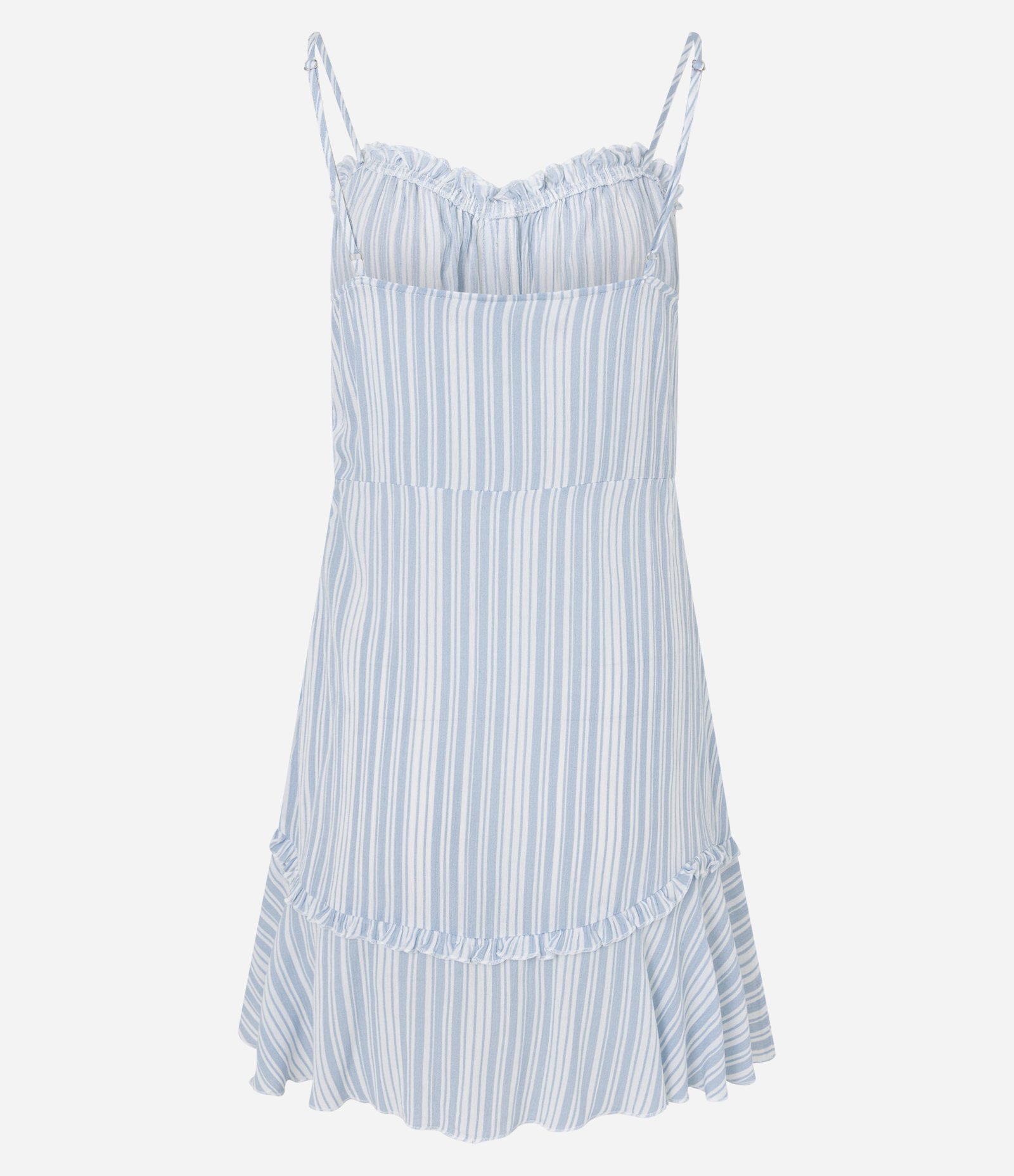 Vestido Curto Listrado em Viscose com Babados Azul 7