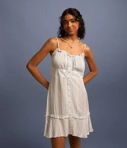 Vestido Curto Listrado em Viscose com Babados