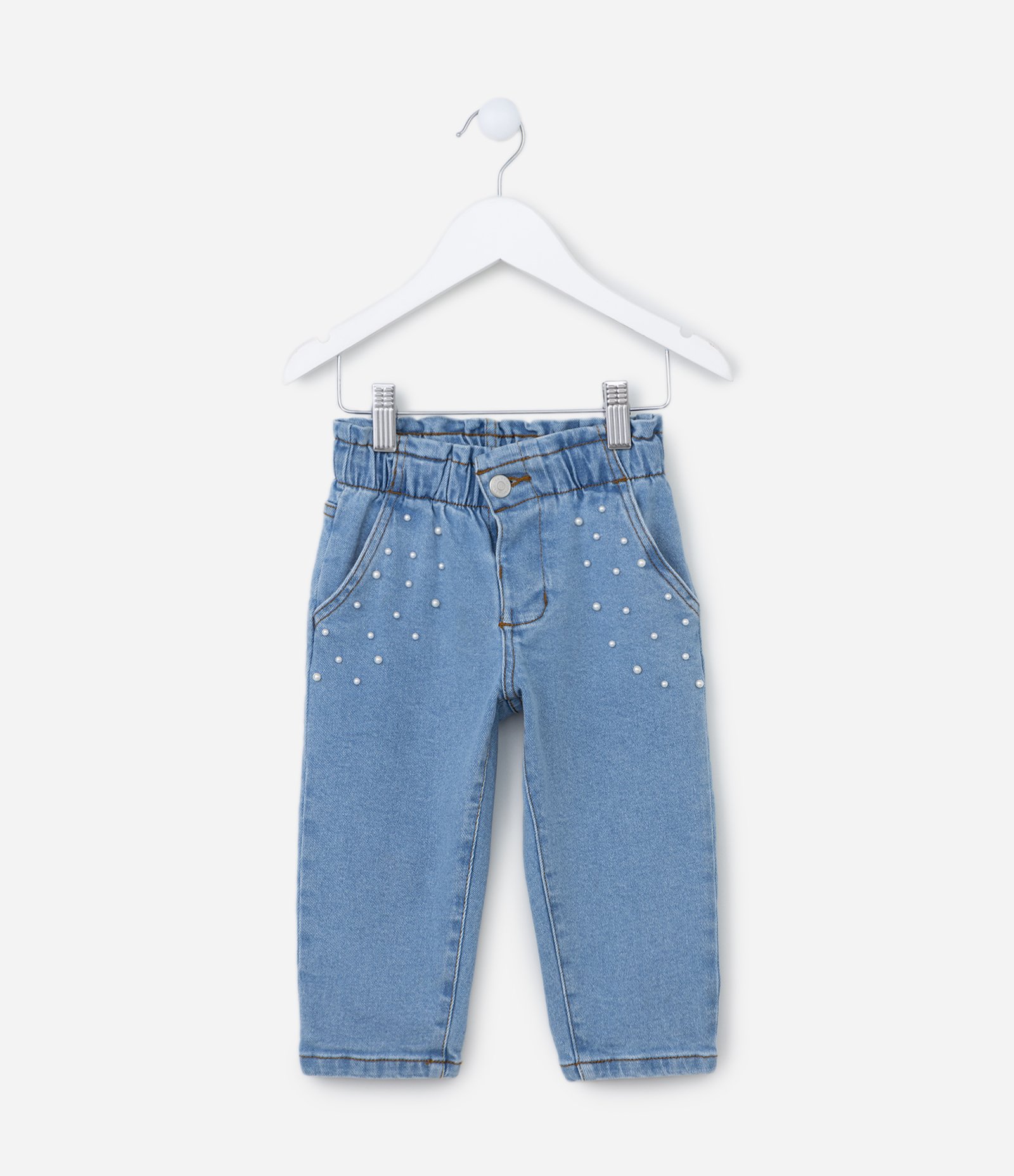 Calça Clochard Infantil em Jeans com Pérolas Aplicadas - Tam 1 a 5 Anos Azul 1