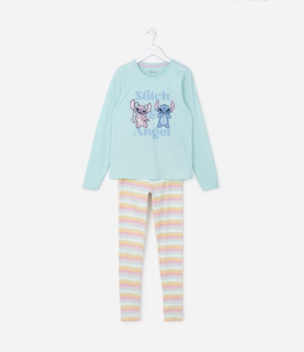 Pijama Infantil Longo em Algodão Estampa Stitch e Angel - Tam 5 a 14 anos
