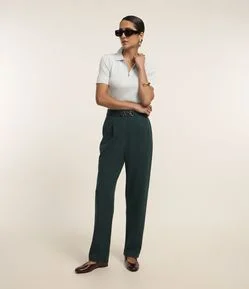 Calça Reta Cintura Alta com Fivela em Ponto Roma