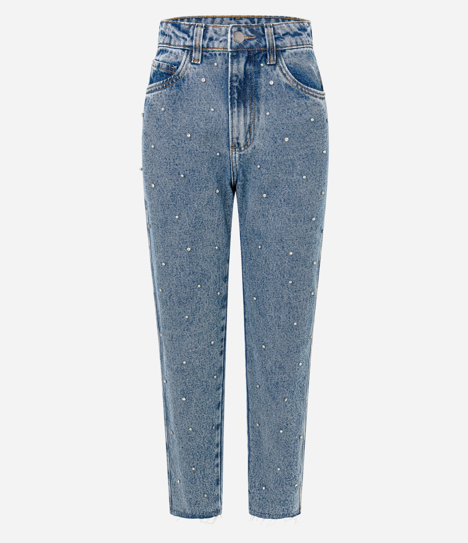 Calça Mom Comfort em Jeans com Brilhos Bordados Azul 5