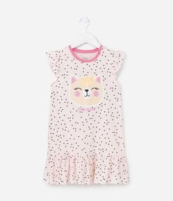 Camisola Infantil com Babados e Estampa Gatinha - Tam 4 a 12 Anos