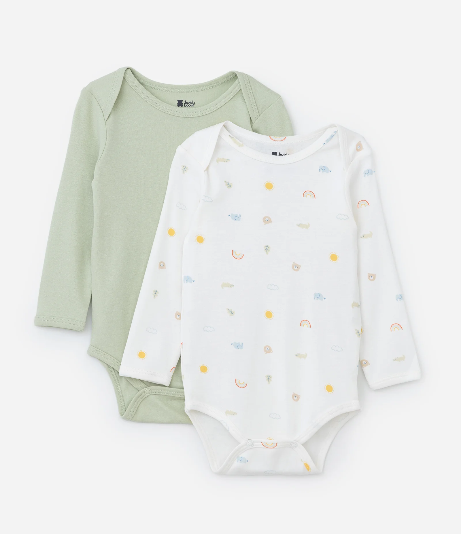 Kit 02 Bodies em Suedine com Estampa Mini Ícones - RN a 18 meses Verde/Branco 1