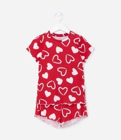 Pijama Curto Infantil em Ribana com Estampa Corações - Tam 4 a 14 Anos