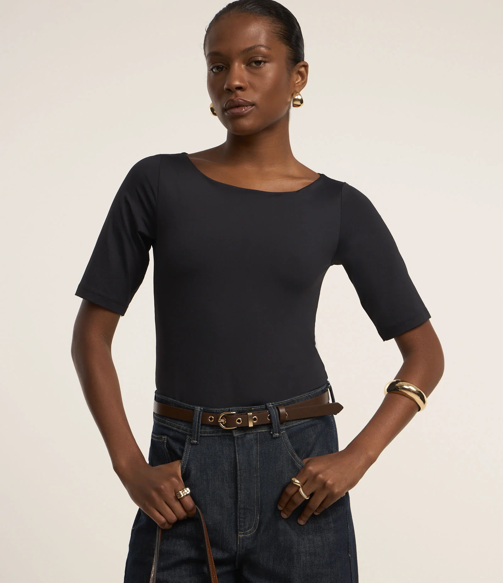 Body em Poliamida com Decote Canoa e Manga 3/4 Preto 1