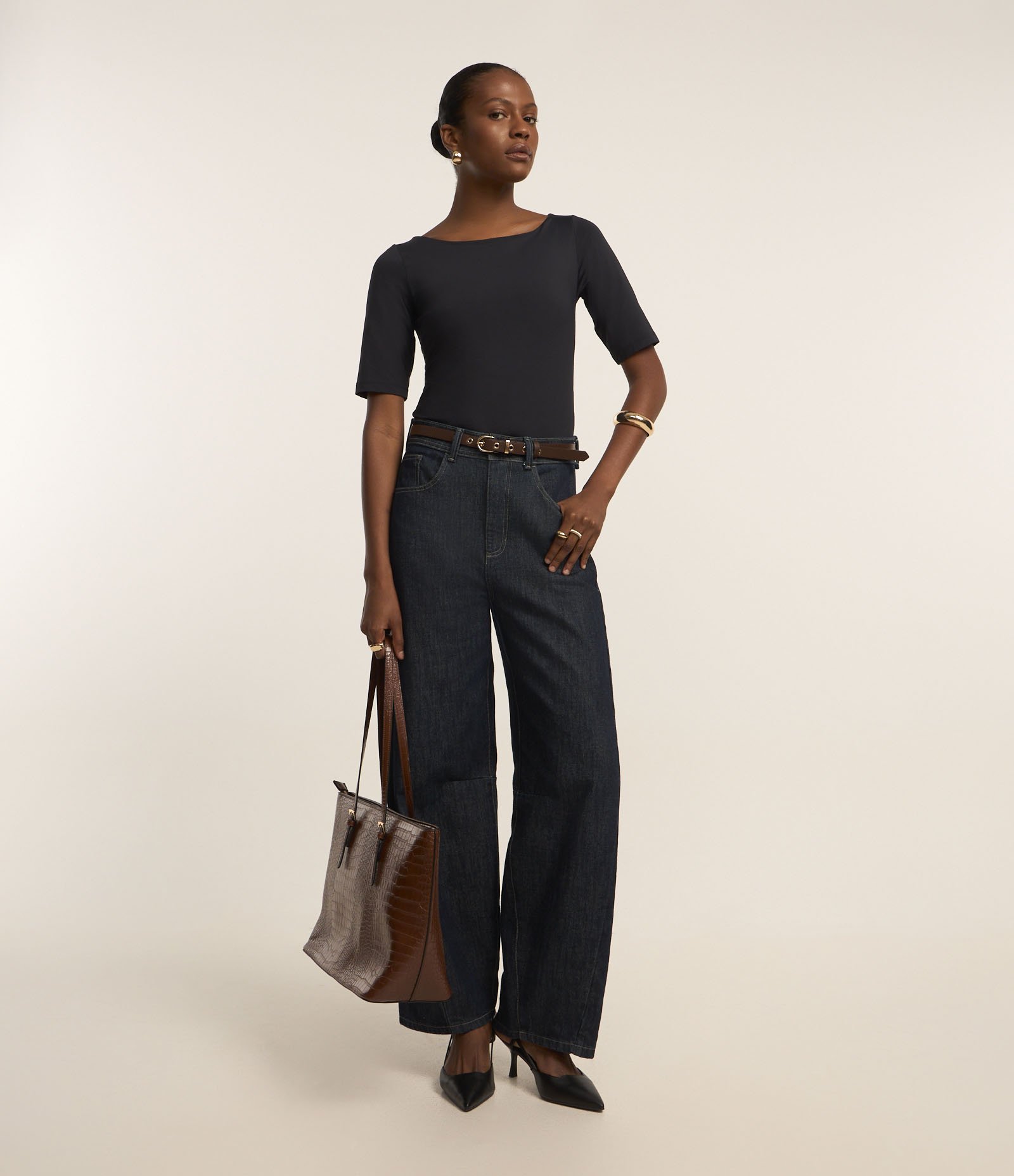 Body em Poliamida com Decote Canoa e Manga 3/4 Preto 2